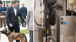 Left, Medal of Honor recipient Leroy Petry and his service animal. Right, a section of the plumbing system donated by contractor Robert A. Tull, Inc.