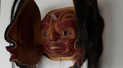 A transformation mask sculpted by first nations artist Simon Daniel James, tribal name Winadzi.