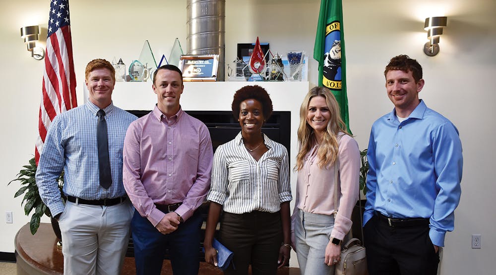 The 2018 McKinstry Hiring Our Heroes Corporate Fellowship Program cohort. From left to right: Jeff Inman, John Rushton, Aaliyah Al-Mahdi, Kate Fleming and Brian Peguillan.