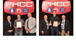 Left, Plumbing Contest Winner James Houser with PHCC Educational Foundation Chair Craig Lewis and Plumbing Contest Committee Chair Jim Steinle. Right, HVAC Contest Winner Josiah Tiegs with Craig Lewis and HVAC Contest Committee Chair Scott Balmer.