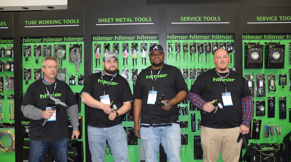 Pictured from left to right are: Third place winner Scot Olah, White Sands Mechanical, Gulf Breeze, Fla.; first place winner Taylor Wansing, student at State Technical College of Missouri, Brinktown, Mo.; third place winner (tied with Olah) Vondragus Johnson, DHR Mechanical, Sanford, Fla.; and second place winner Michael Turnage, MW Services Inc., Temecula, Calf. Wansing received $1,000 in hilmor tools; Turnage received $500 in hilmor tools; Olah and Johnson each received $300 in hilmor tools.