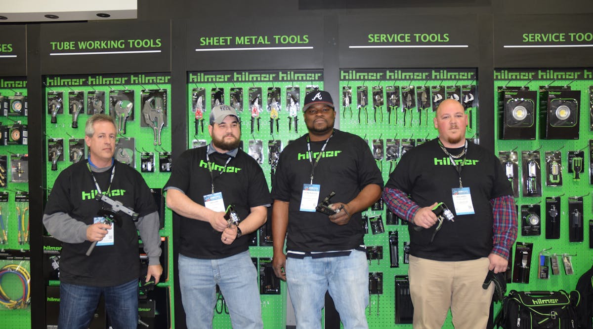 Pictured from left to right are: Third place winner Scot Olah, White Sands Mechanical, Gulf Breeze, Fla.; first place winner Taylor Wansing, student at State Technical College of Missouri, Brinktown, Mo.; third place winner (tied with Olah) Vondragus Johnson, DHR Mechanical, Sanford, Fla.; and second place winner Michael Turnage, MW Services Inc., Temecula, Calf. Wansing received $1,000 in hilmor tools; Turnage received $500 in hilmor tools; Olah and Johnson each received $300 in hilmor tools.