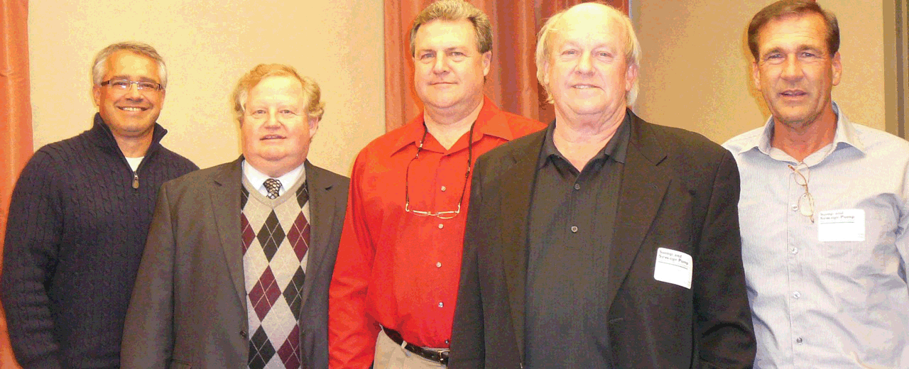 Pictured left to right are participants of the SSPMA Forum in Indianapolis David Frame Bob Frame Plumbing Charles White Vice President of Technical and Code Services for Plumbing Heating Cooling Contractors National Association Jeff Hawks Champion Pump and SSPMArsquos moderator and Stephen Pfendler PIPE Inc