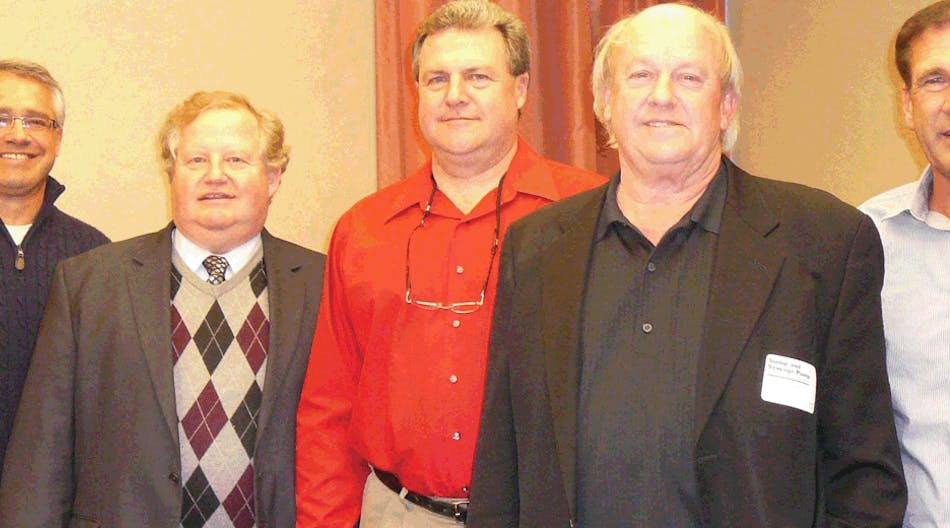 Pictured, left to right, are participants of the SSPMA Forum in Indianapolis David Frame (Bob Frame Plumbing), Charles White (Vice President of Technical and Code Services for Plumbing Heating Cooling Contractors National Association), Jeff Hawks (Champion Pump and SSPMA&rsquo;s moderator) and Stephen Pfendler (P.I.P.E., Inc.).