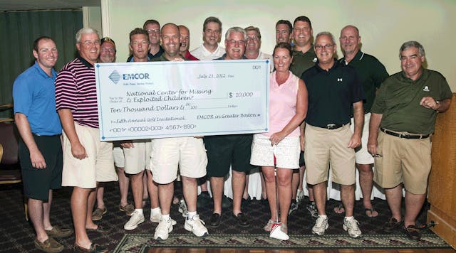 James Lane, Regional VP &amp; General Manager of Building Technology Engineers (BTE) and Robert Gallagher, President &amp; CEO, J.C. Higgins, pictured center left and right respectively, and Philip Megna, President, EMCOR Services Northeast, pictured far right, along with the clients and EMCOR participants who were winners of the event, presented a $10,000 check for The National Center for Missing &amp; Exploited Children (NCMEC) during ceremonies at the EMCOR In Greater Boston 5th Annual Golf Tournament Invitational held Monday, July 23rd at Pleasant Valley Country Club, Sutton, MA. EMCOR has donated over $1,100.000 and helped recover 253 missing children---including in the Boston marketplace---as a result of its national partnership with NCMEC over the last 7 years and other partners in the UK.