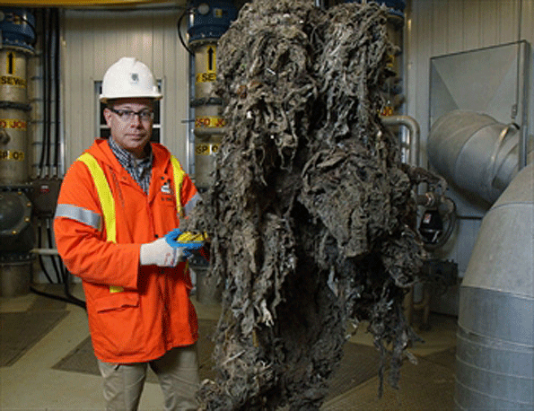 Barry Orr City of London Ontario shows a flushable wipe clog