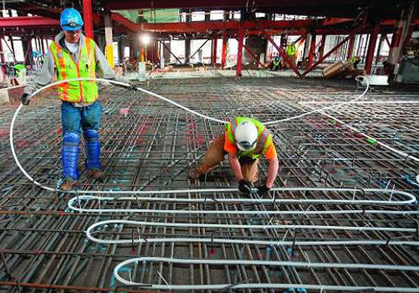 The Pier 15 Exploratorium renovation project used 200000 feet of Wirsbo hePEXtrade crosslinked polyethylene PEXa tubing for the radiant heating and cooling system One of the many benefits of flexible PEX is its ability to bend around existing structural components to incorporate the radiant system with the least amount of disruption to the structure Photo courtesy Uponor