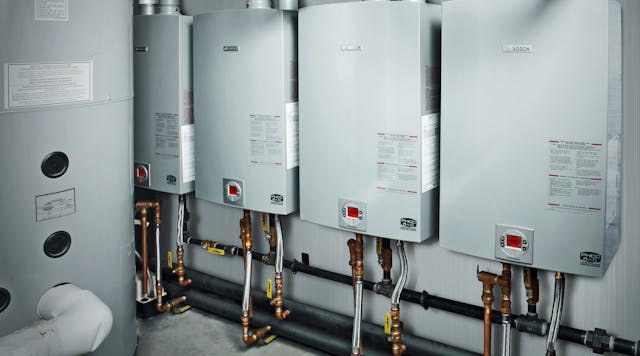 Paramount Plumbing installed a parallel cascade of Bosch Therm 1210ESC gas tankless condensing water heater units.