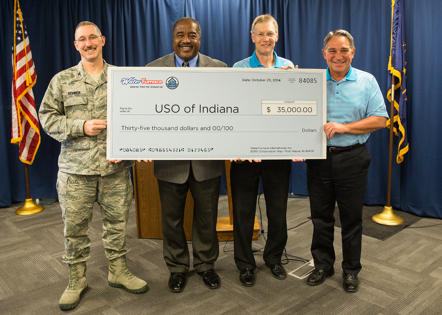 Tom Huntington WaterFurnace president and CEO presented the check during an Oct 23 news conference at the companyrsquos corporate headquarters in Fort Wayne Ind From left to right Col Patrick Renwick Wing Commander 122nd ANG James Pridgen President amp CEO USO of Indiana Carl Huber VP of Corporate Quality WaterFurnace International Tom Huntington President amp CEO WaterFurnace International