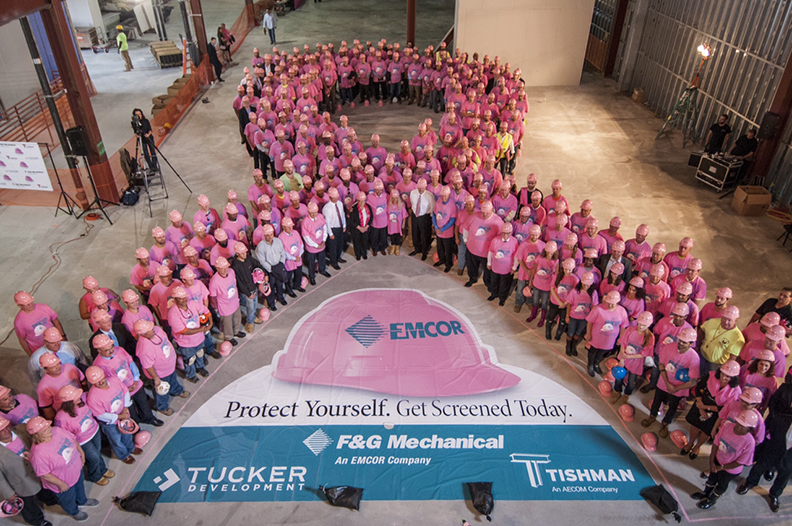 EmcorFampG Mechanical Tucker Development and Tishman Construction were joined by Mayor Mark Sokolich of Ft Lee Richard Sabato President Bergen County Building amp Construction Trades Council and many others who formed a 425 person Pink Hard Hat Ribbon as a call to action for EMCORrsquos 7th Annual ldquoProtect Yourself Get Screened Todayrdquo campaign