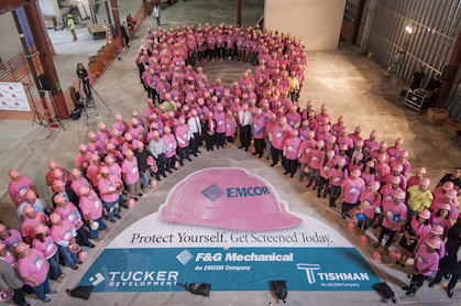425+ person pink hard hat ribbon launches Cancer | Contractor