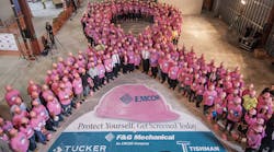 Emcor/F&amp;G Mechanical, Tucker Development and Tishman Construction were joined by Mayor Mark Sokolich of Ft. Lee, Richard Sabato, President, Bergen County Building &amp; Construction Trades Council, and many others, who formed a 425+ person Pink Hard Hat Ribbon as a call to action for EMCOR&rsquo;s 7th Annual &ldquo;Protect Yourself. Get Screened Today.&rdquo; campaign.
