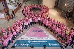 EmcorFampG Mechanical Tucker Development and Tishman Construction were joined by Mayor Mark Sokolich of Ft Lee Richard Sabato President Bergen County Building amp Construction Trades Council and many others who formed a 425 person Pink Hard Hat Ribbon as a call to action for EMCORrsquos 7th Annual ldquoProtect Yourself Get Screened Todayrdquo campaign EmcorFampG Mechanical Tucker Development and Tishman Construction were joined by Mayor Mark Sokolich of Ft Lee Richard Sabato President Bergen County Building amp Construction Trades Council and many others who formed a 425 person Pink Hard Hat Ribbon as a call to action for EMCORrsquos 7th Annual ldquoProtect Yourself Get Screened Todayrdquo campaign