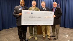 Carl Huber, WaterFurnace vice president of corporate quality, presented the check during an Oct. 30 news conference at the company&rsquo;s corporate headquarters in Fort Wayne, Ind. From left to right: Jim Pridgin of the USO, Col. Patrick Renwick of the 122nd Fighter Wing, Charles Ridings of the USO, and Bob Legacy of the USO.
