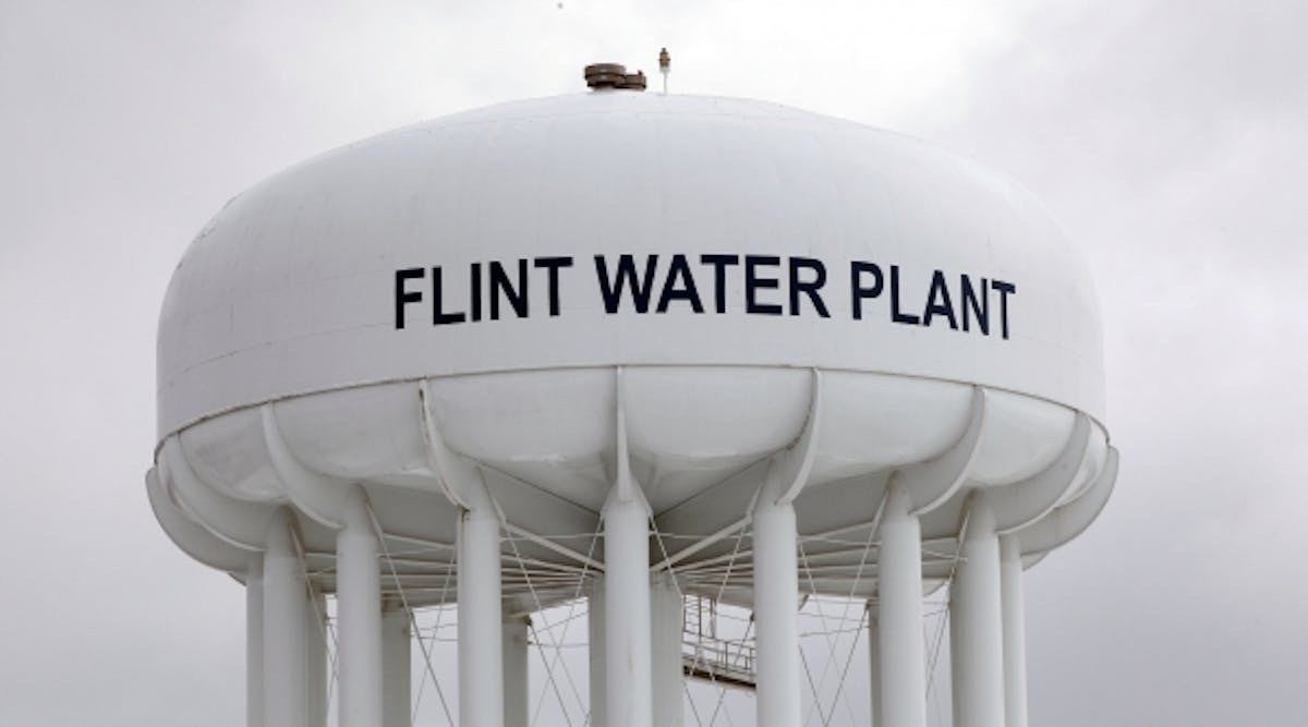 The Flint Water Plant tower is shown January 13, 2016 in Flint, Michigan. On Tuesday, Michigan Gov. Rick Snyder activated the National Guard to help the American Red Cross distribute water to Flint residents to help them deal with the lead contamination that is in the City of Flint&apos;s water supply.