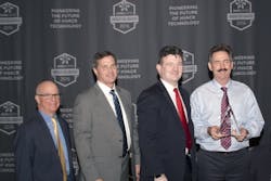 Left to right Clay Stevens president International Expo Co Westport Conn and Doug Young chairman AirConditioning Heating amp Refrigeration Institute AHRI Arlington Va present the AHR 2016 Innovation Award in the Indoor Air Quality IAQ category to Trevor Young CEOpresident and John Fischer director of technology and strategic business development SEMCO LLC Columbia Mo Left to right Clay Stevens president International Expo Co Westport Conn and Doug Young chairman AirConditioning Heating amp Refrigeration Institute AHRI Arlington Va present the AHR 2016 Innovation Award in the Indoor Air Quality IAQ category to Trevor Young CEOpresident and John Fischer director of technology and strategic business development SEMCO LLC Columbia Mo