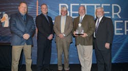 Shown at the recent Aflac awards banquet are (left to right): Sam Boyington, Service Technician, EMCOR Services Aircond; Paul Hatcher, Service Design Engineer, EMCOR Services Aircond, Ernie Pugh, Service Technician, EMCOR Services Aircond; Paul Hill, Senior Executive Sales, EMCOR Services Aircond; and Rob Holleman, Director of Facility Services, Aflac.