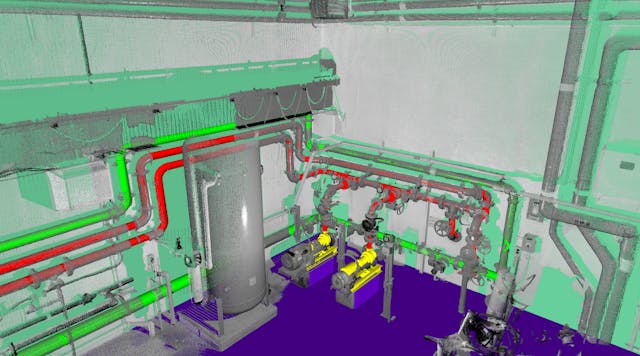 A 3D model overlayed with point cloud data.