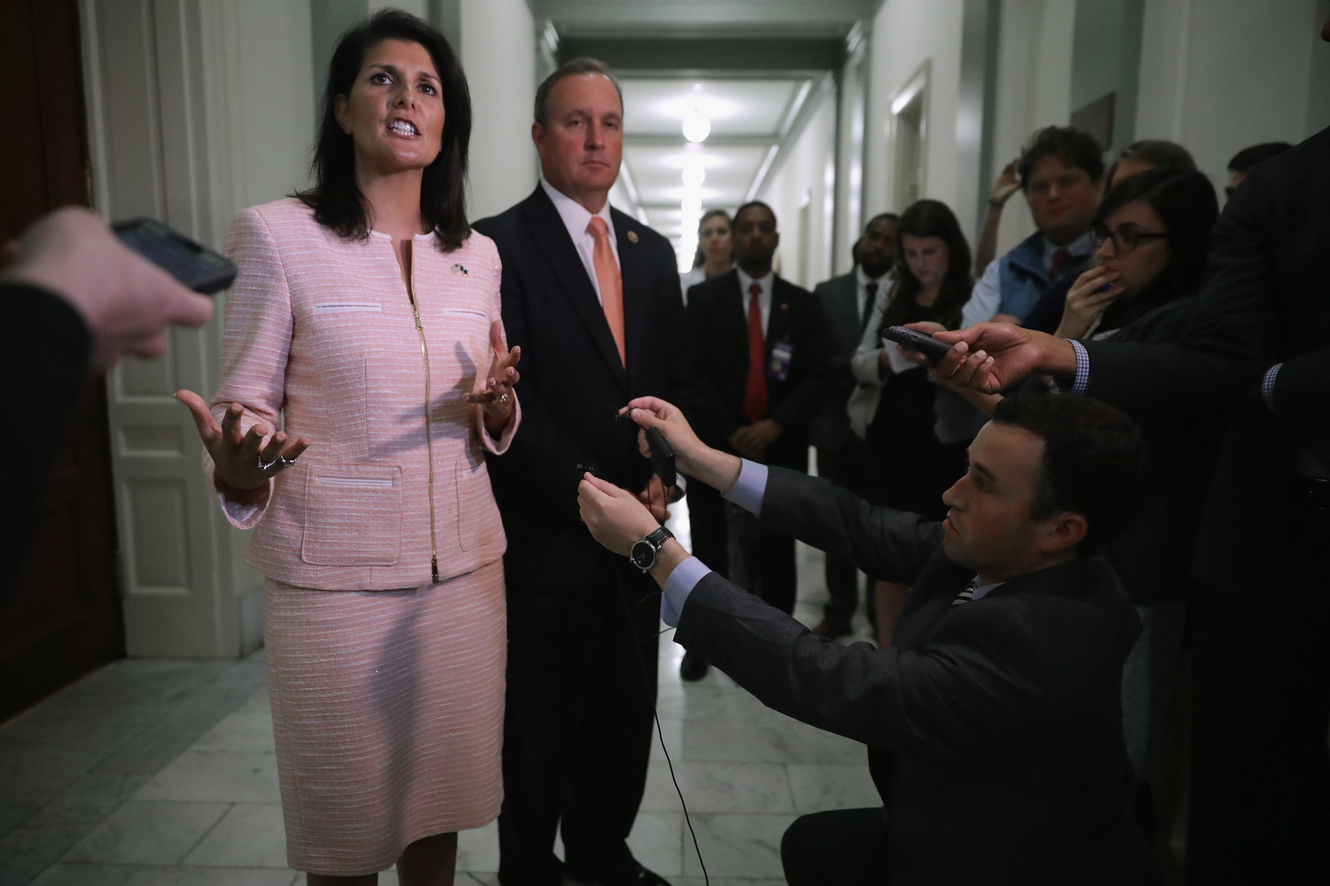 WASHINGTON DC April 28th South Carolina Gov Nikki Haley L and Rep Jeff Duncan RSC talk to reporters after she testified before the House Homeland Security Committee39s Oversight and Management Efficiency Subcommittee