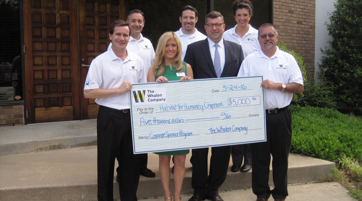 The Whalen Company is investing in affordable housing with a lead contribution to Habitat Choptank&rsquo;s corporate giving program. Front row from left to right: Craig Wanner, chief operating officer, Emily Lynn, development officer Habitat Choptank, Chuck Mangold, Habitat volunteer and also a corporate sponsor, J.C. Correa, vice president of manufacturing. Back row: Tony Landers, vice president of sales and marketing, Chris Murphy, chief financial officer, and Katie Levitan, human resources administrator.