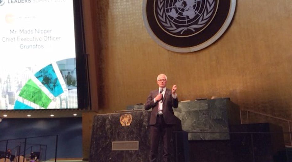 Grundfos CEO Mads Nipper addresses the United Nations Global Compact Leaders&rsquo; Summit in New York on June 24, 2016.
