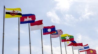 National flags of the member countries of the ASEAN economic community.