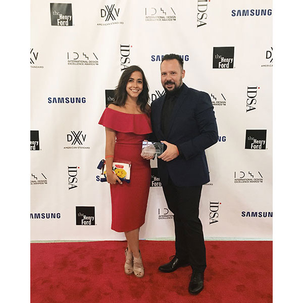 Product designers Gabriela Ravassa and Greg Reinecker from DXV by American Standard attended the August 17 2016 IDSA International Design Excellence Awards and accept the Silver Award for their Companyrsquos 3D printed metal residential faucet collection