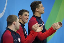 Gold medalist Michael Phelps of the United States celebrates on the podium during the medal ceremony for the Men39s 4 x 100m Medley Relay Final on Day 8 of the Rio 2016 Olympic Games at the Olympic Aquatics Stadium on August 13 2016 in Rio de Janeiro Brazil Image Al Bello Staff Getty Images Sports Gold medalist Michael Phelps of the United States celebrates on the podium during the medal ceremony for the Men39s 4 x 100m Medley Relay Final on Day 8 of the Rio 2016 Olympic Games at the Olympic Aquatics Stadium on August 13 2016 in Rio de Janeiro Brazil Image Al Bello Staff Getty Images Sports