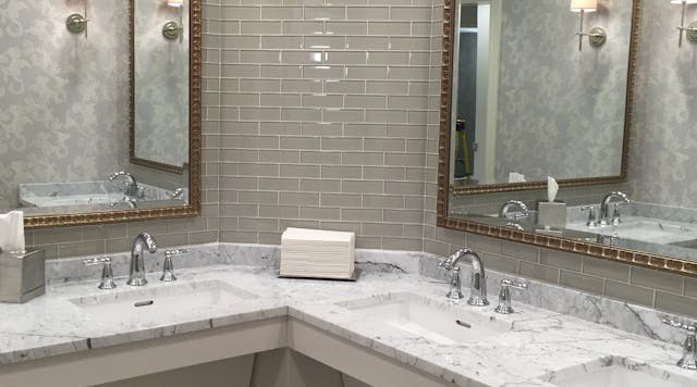 A view of the newly renovated bathrooms at the historic Drake Hotel.