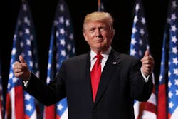 Republican presidential candidate Donald Trump gives two thumbs up to the crowd during the evening session on the fourth day of the Republican National Convention on July 21 2016 at the Quicken Loans Arena in Cleveland Ohio Republican presidential candidate Donald Trump gives two thumbs up to the crowd during the evening session on the fourth day of the Republican National Convention on July 21 2016 at the Quicken Loans Arena in Cleveland Ohio