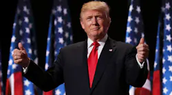 Republican presidential candidate Donald Trump gives two thumbs up to the crowd during the evening session on the fourth day of the Republican National Convention on July 21 2016 at the Quicken Loans Arena in Cleveland Ohio