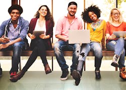 Millenials sitting on a bench Millenials sitting on a bench