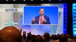 Football legend Peyton Manning addresses attendees of the Work Truck Show in Indianapolis at the NTEA&apos;s President&apos;s Breakfast and 55th Annual Meeting.