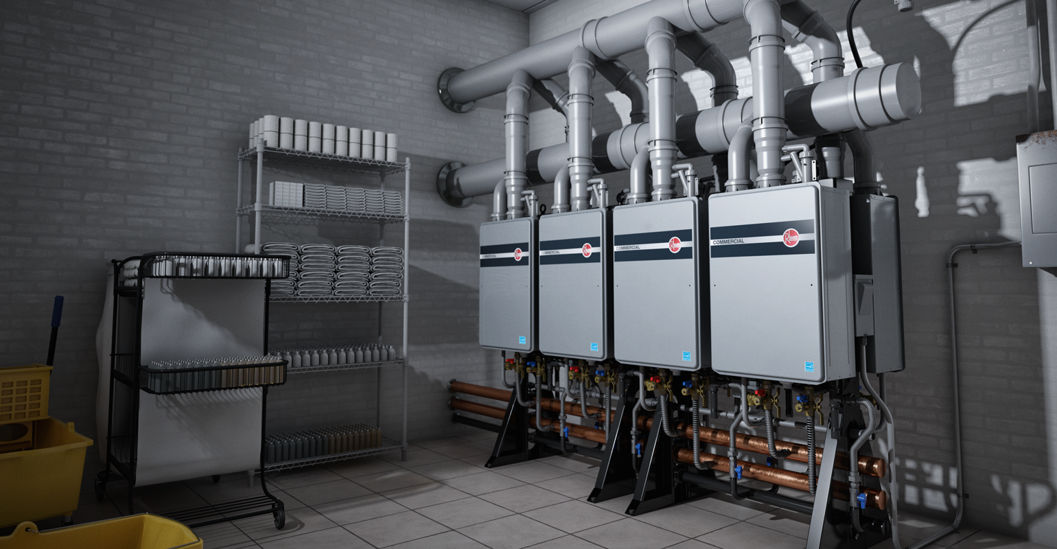 Rheem-CommercialTanklessRackSystem-Hotel-Storage-Room.png