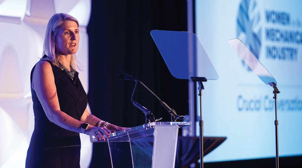 Kari Gormley-Huppert, co-chair of the Women in the Mechanical Industry, address the sold-out crowd at the group&rsquo;s inaugural convention, June 24-26, 2019, in Rosemont, Ill.