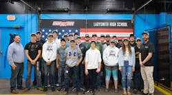 Ryan DeArment (far left), VP of Sales and Marketing at Channellock, poses with students in Ladysmith High School&apos;s welding class, along with their instructor, Kyle Jeffress (far right).