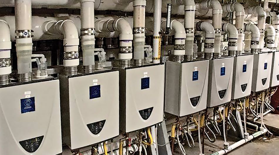 SCT-199-N, natural-gas fired, condensing tankless units from State, rack-mounted to save on space, and pre-assembled to save on installation time.