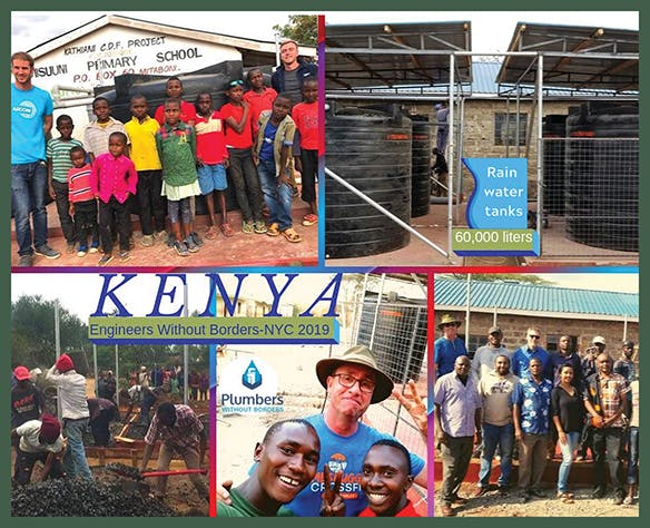 Plumbers Without Borders helped facilitate a rainwater harvesting and distribution system project in Kenya with the New York City chapter of Engineers Without Borders. PWB volunteer plumbing Jeff Morgan (lower middle image), founder of Grandview, Mo.-based Morgan Miller Plumbing, was instrumental to the project.