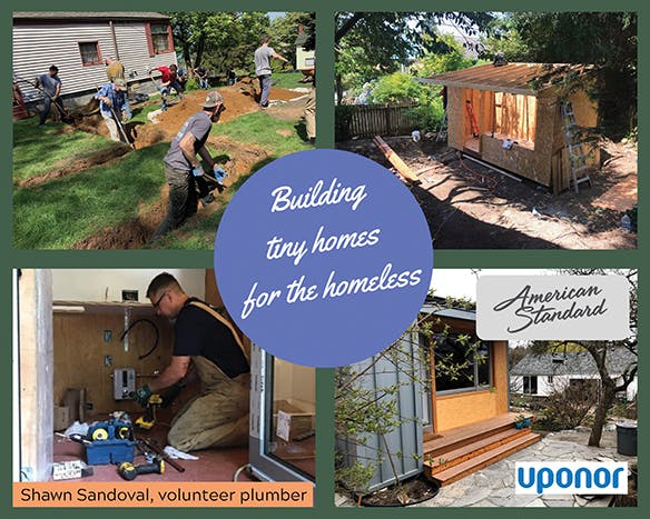 The Seattle Block Project mission was to build tiny homes for the homeless, in collaboration with local residents, who give the use of their available yard space. UA Local 32 plumber Shawn Sandoval, a project superintendent at Bellevue, Wash.-based Holmberg Mechanical, was one of Plumbers Without Borders volunteer plumbers on the build site.