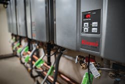 Automatic staging increases the efficiency and longevity of the tankless units. Automatic staging increases the efficiency and longevity of the tankless units.
