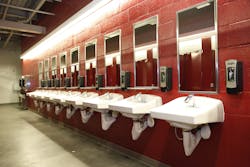 A line of BASYS sensor faucets at a Sloan Park restroom. A line of BASYS sensor faucets at a Sloan Park restroom.