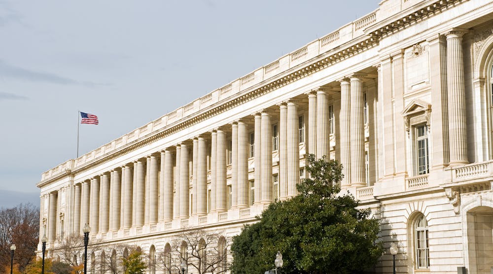 A view of the south side of the Russell, US Senate office building in Washington, DC.
