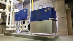 Lochinvar’s XRGI 25 cogeneration system — installed here at Finger Lakes Community College — produces 24 kilowatts of electricity and 163,000 Btu of heat. The micro CHP system is tied to two Knight boilers and hot water storage tanks. Lochinvar’s XRGI 25 cogeneration system — installed here at Finger Lakes Community College — produces 24 kilowatts of electricity and 163,000 Btu of heat. The micro CHP system is tied to two Knight boilers and hot water storage tanks.