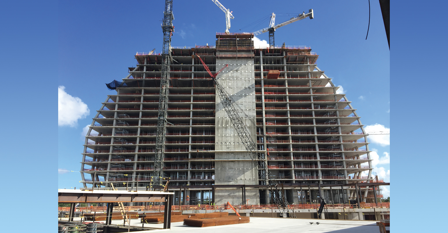 The signature guitar-shaped main building take shape at the Seminole Hard Rock Hotel & Casino in Miami.