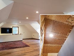 Upstairs plastered Blueboard Heating/Cooling Ceiling. (Inset) Radiant ceiling grid by Hydronics Mfg. Upstairs plastered Blueboard Heating/Cooling Ceiling. (Inset) Radiant ceiling grid by Hydronics Mfg.