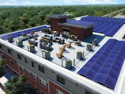 246 kW of solar (683 panels @360W) installed on roof and solar awnings on south wall. 246 kW of solar (683 panels @360W) installed on roof and solar awnings on south wall.