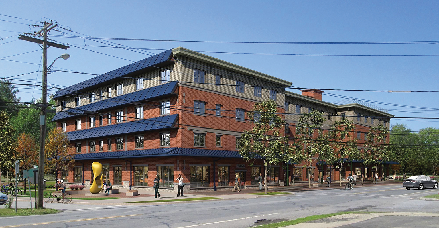 3d rendering of the finishd building with landscaping in place.