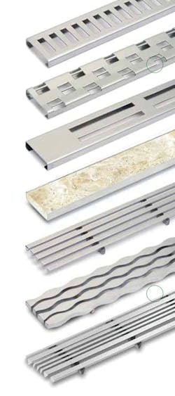 Designers have the option of six decorative drain covers — including two created by architect Michael Graves — for the ShowerLine linear drain system. Designers have the option of six decorative drain covers — including two created by architect Michael Graves — for the ShowerLine linear drain system.