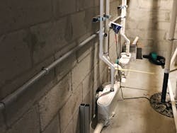 Sanibest Pro grinder units installed to discharge the wastewater from three toilets and a urinal. The two toilets in the women’s restroom are each connected to a Sanibest Pro unit. Sanibest Pro grinder units installed to discharge the wastewater from three toilets and a urinal. The two toilets in the women’s restroom are each connected to a Sanibest Pro unit.