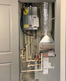 The hydronic air handling unit connected to the tankless water heater can all fit inside a very small footprint.